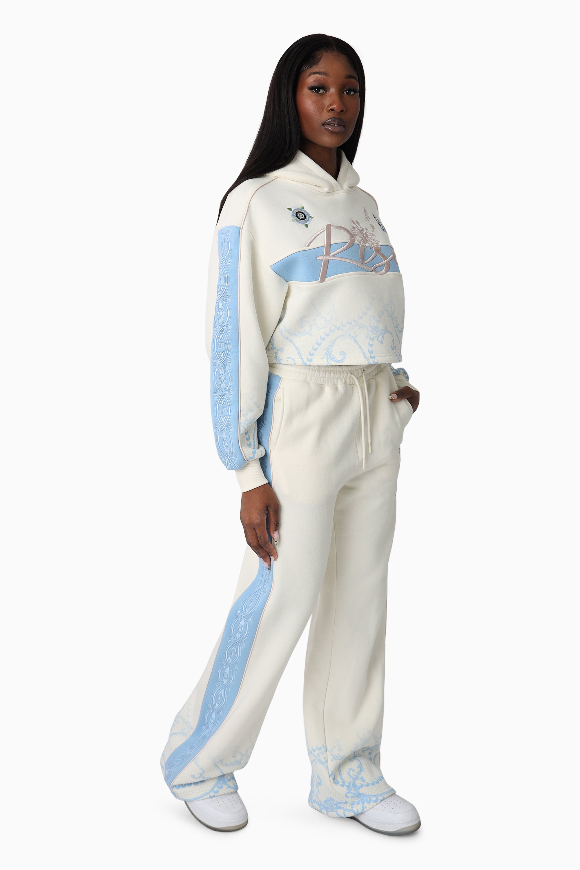 Embroidered Printed Hoodie - Gardenia