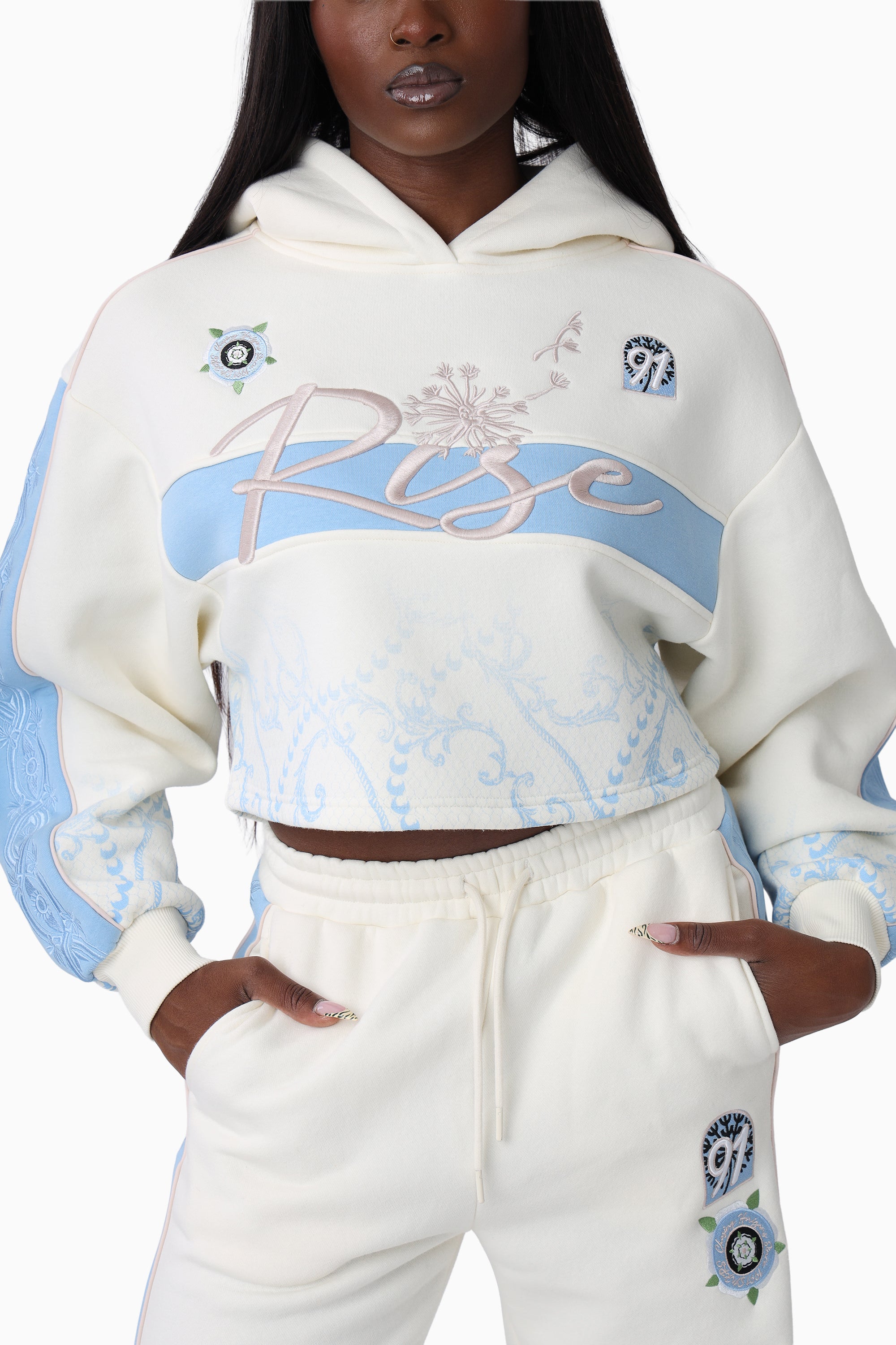 Embroidered Printed Hoodie - Gardenia