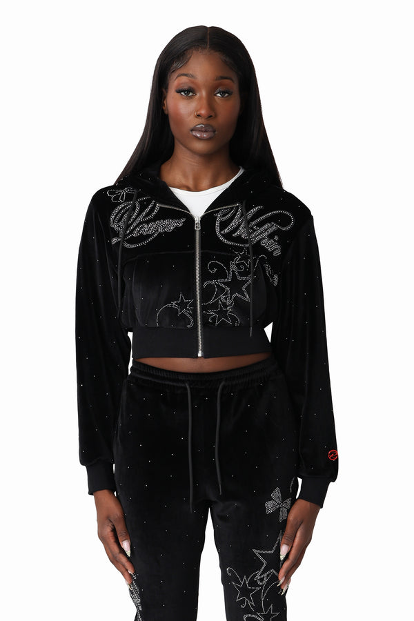 Sparkly Velour Zip-Up Hoodie - Black