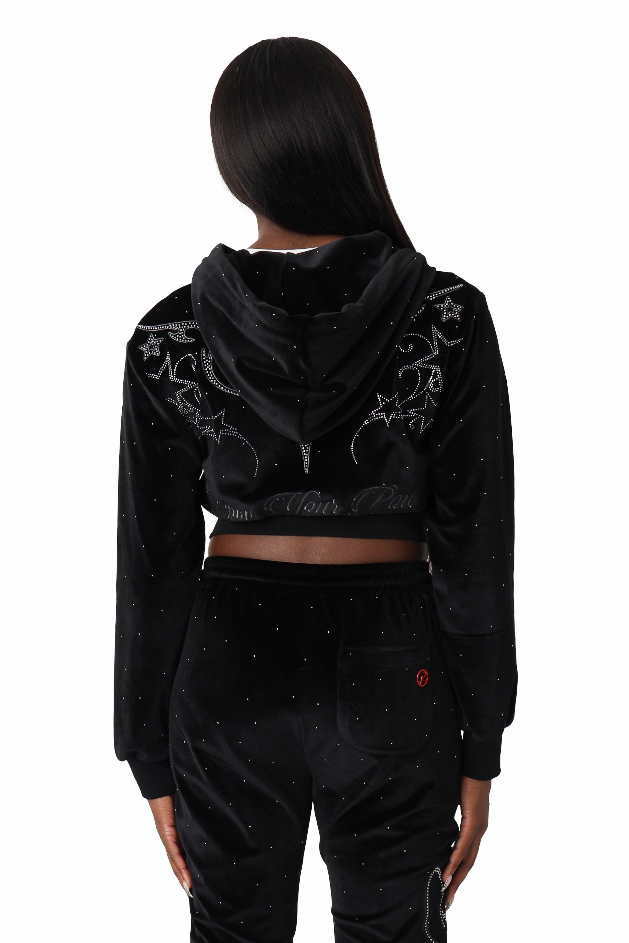 Sparkly Velour Zip-Up Hoodie - Black