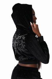 Sparkly Velour Zip-Up Hoodie - Black