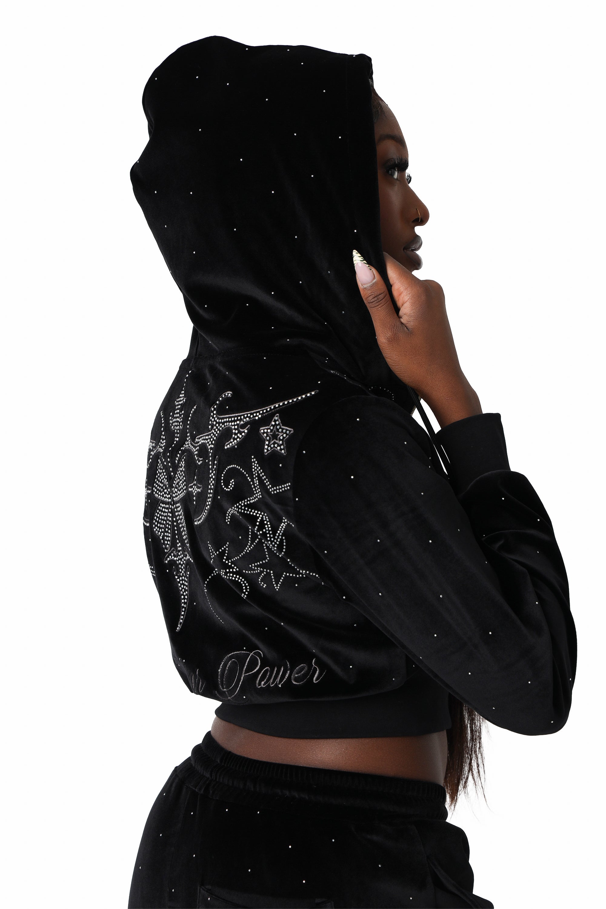 Sparkly Velour Zip-Up Hoodie - Black