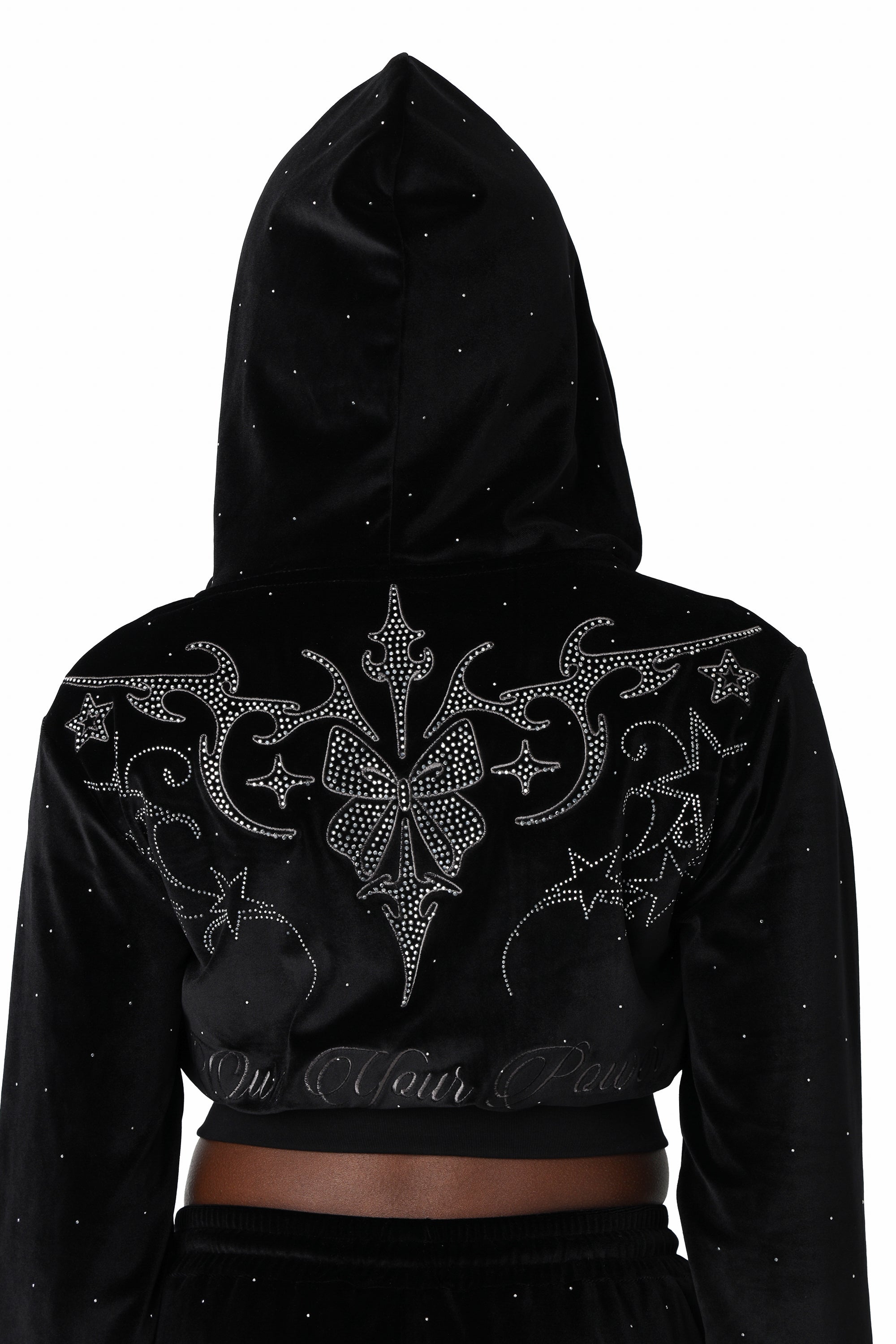 Sparkly Velour Zip-Up Hoodie - Black