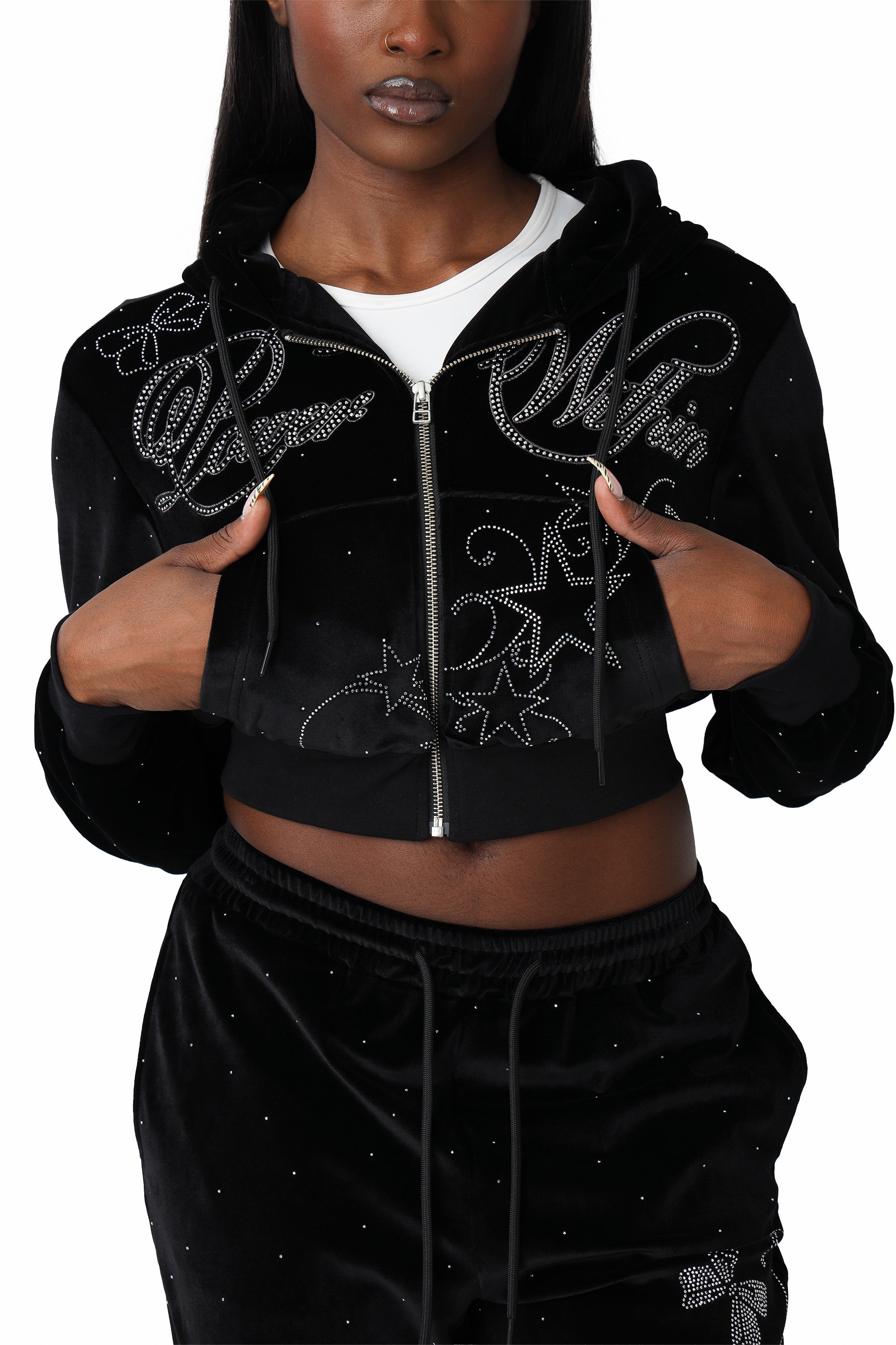 Sparkly Velour Zip-Up Hoodie - Black