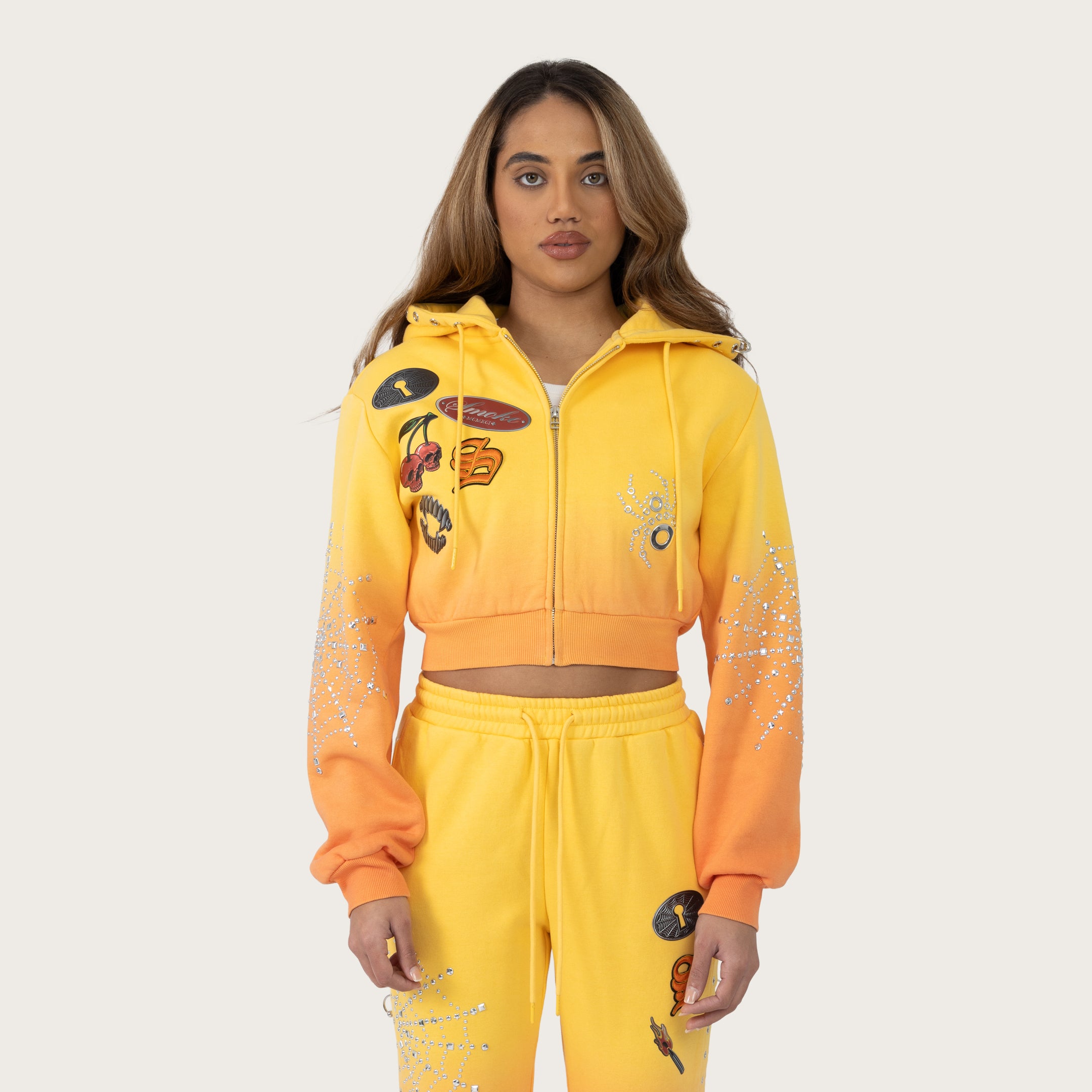 Cropped Patched Full Zip Hoodie - Daffodil