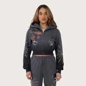 Cropped Patched Full Zip Hoodie - Magnet