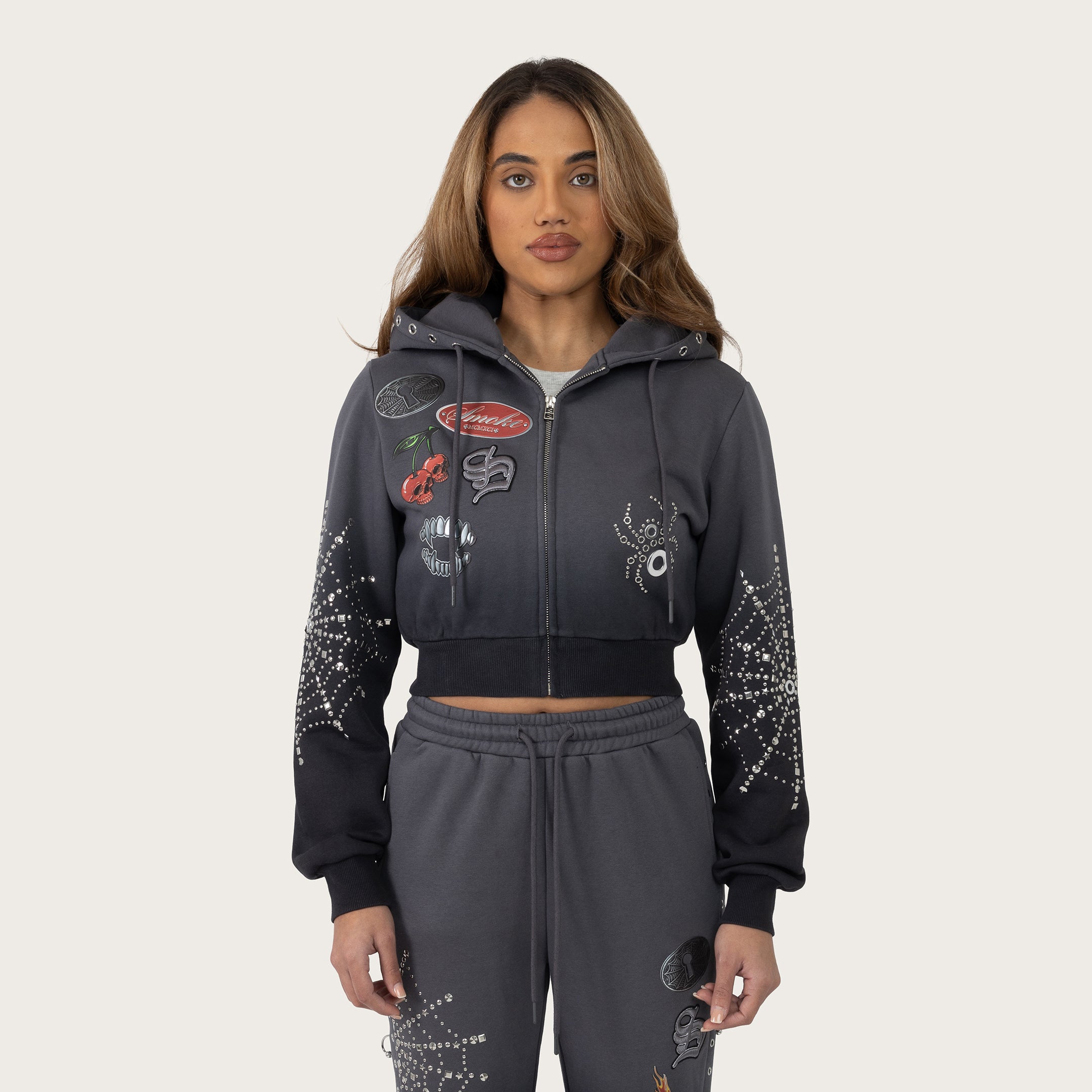 Cropped Patched Full Zip Hoodie - Magnet