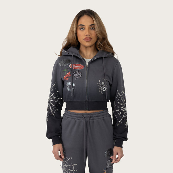 Cropped Patched Full Zip Hoodie - Magnet