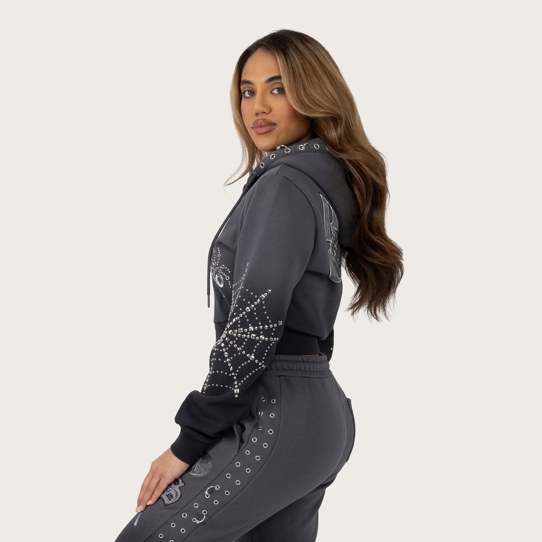 Cropped Patched Full Zip Hoodie - Magnet