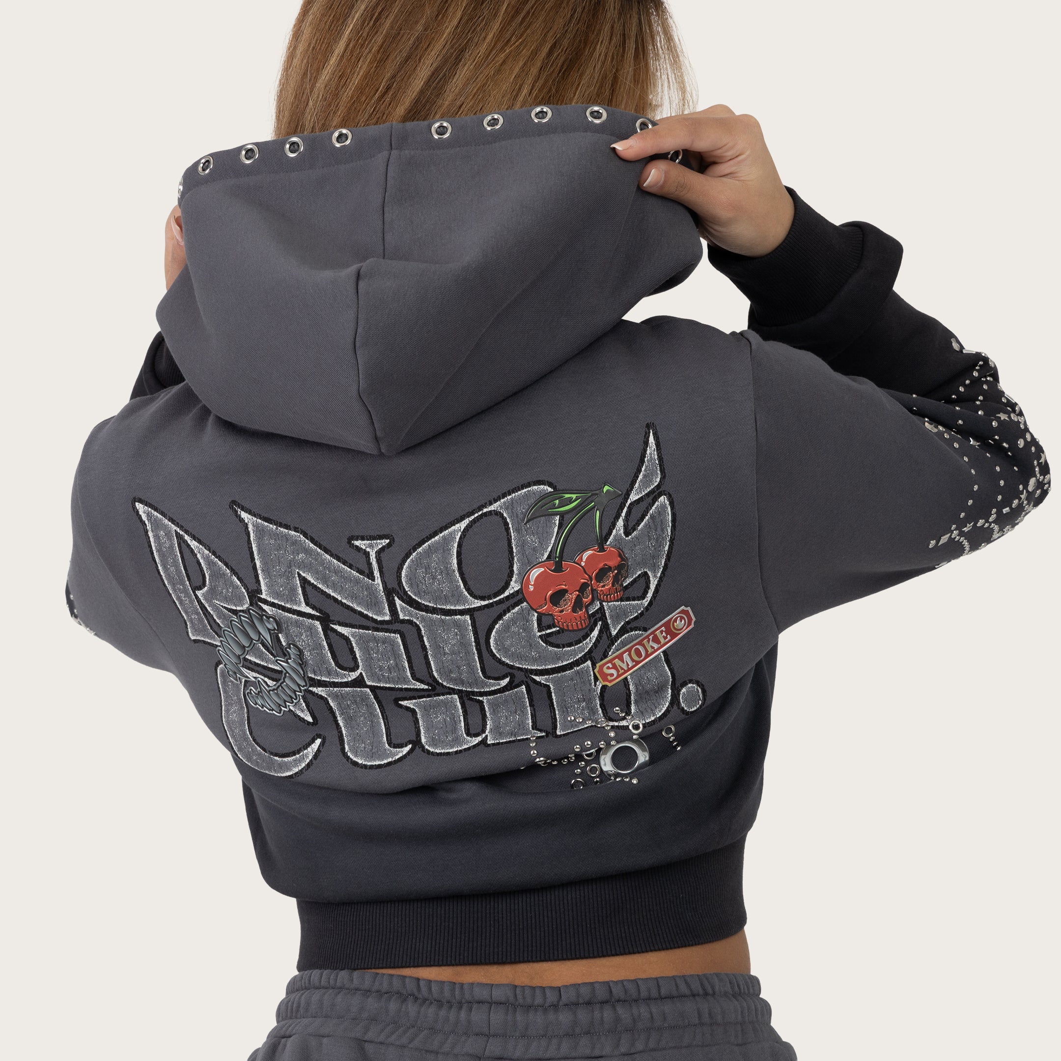 Cropped Patched Full Zip Hoodie - Magnet