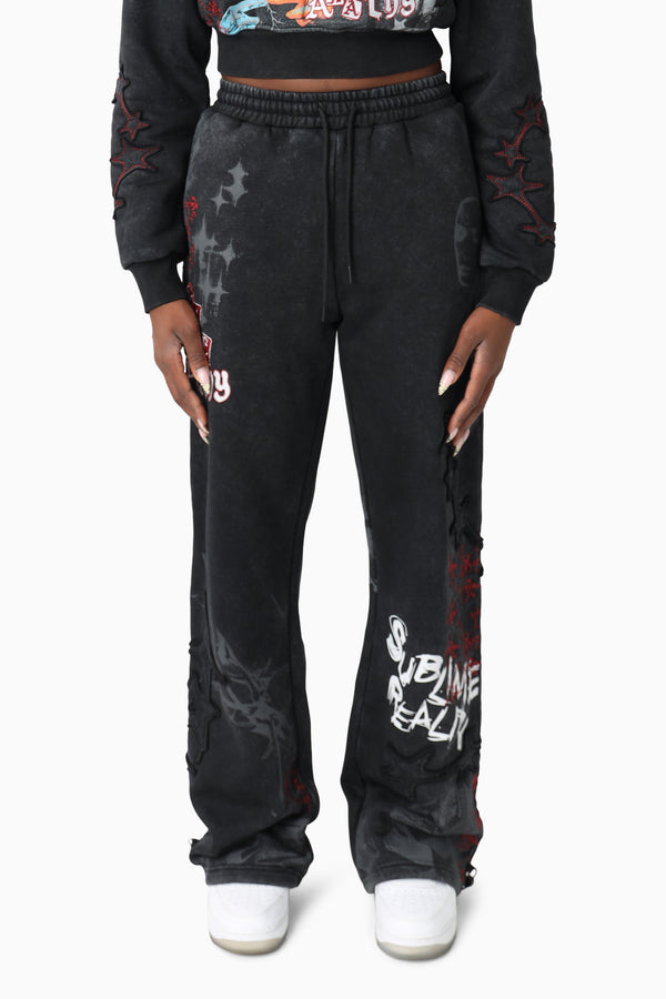 Printed Embroidered Pants - Black