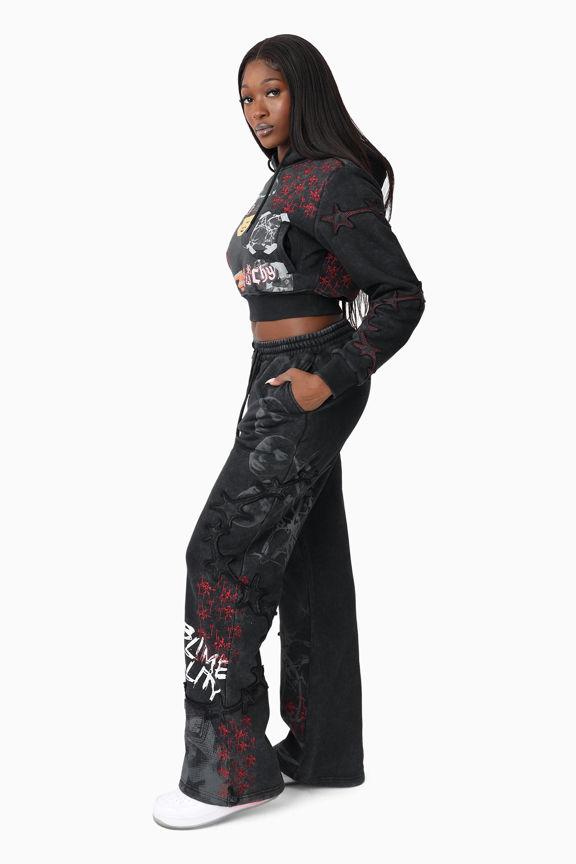 Printed Embroidered Pants - Black