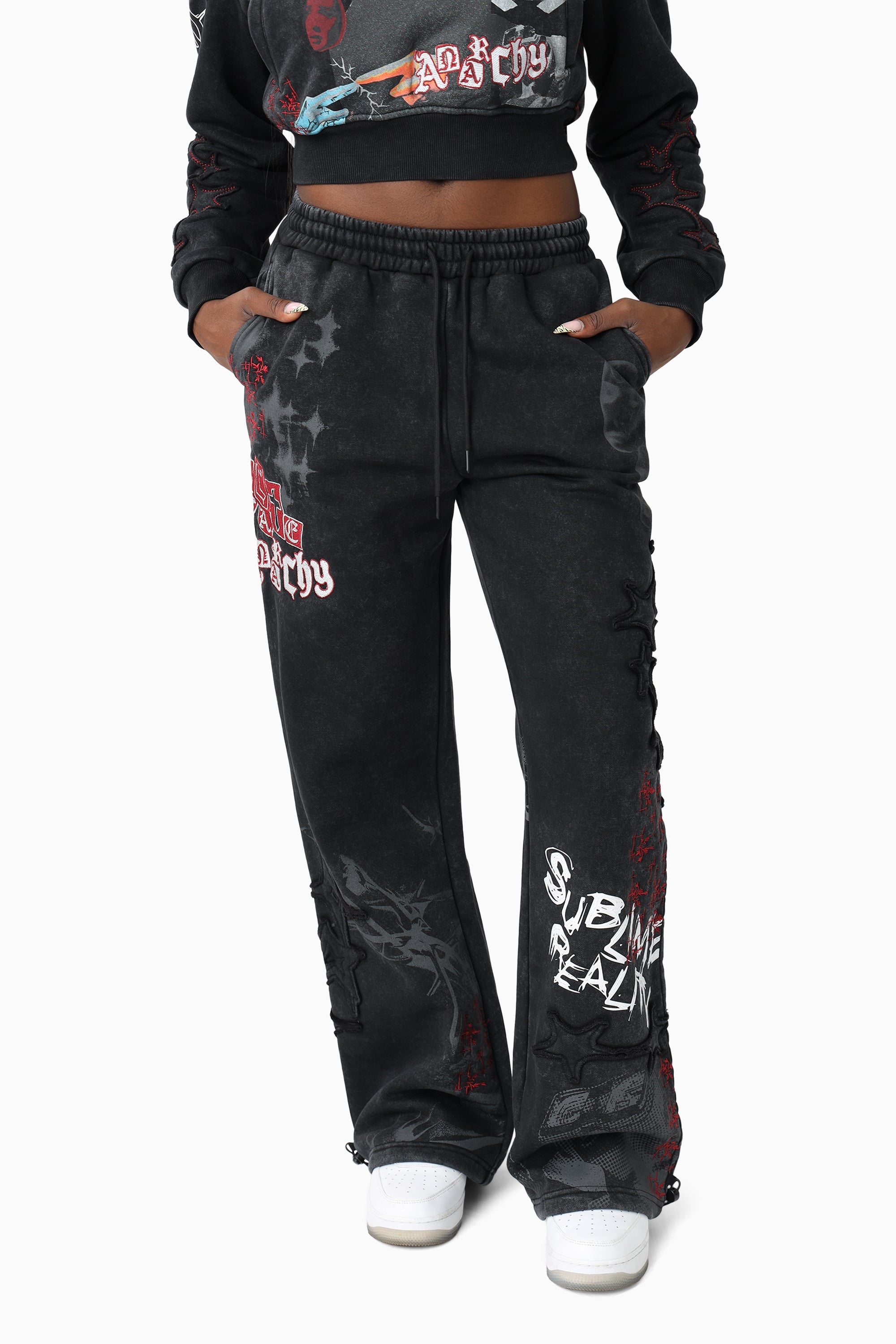 Printed Embroidered Pants - Black