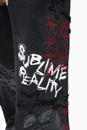 Printed Embroidered Pants - Black
