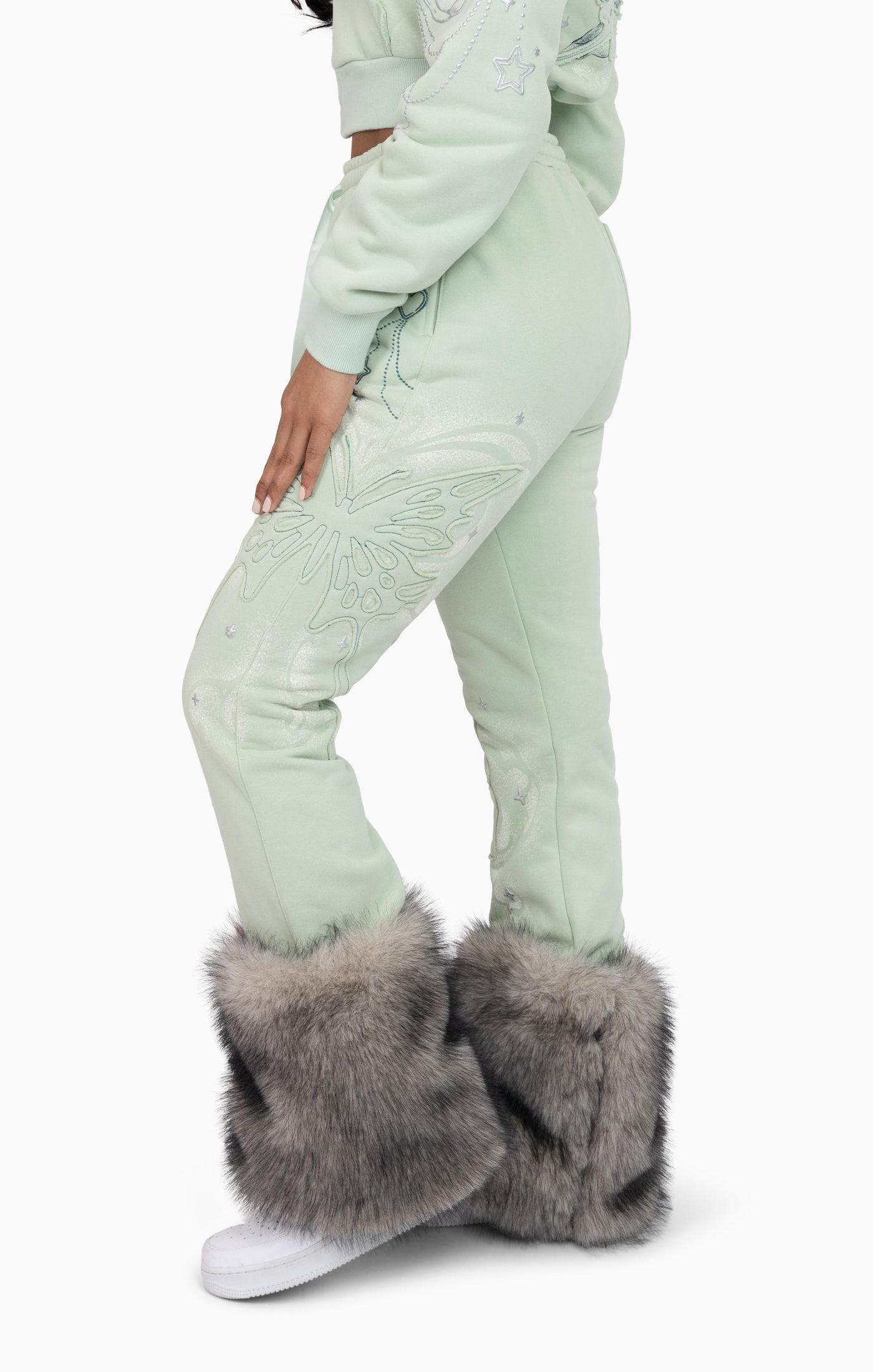 Faux Fur Trim Fleece Pant - Frosty Green