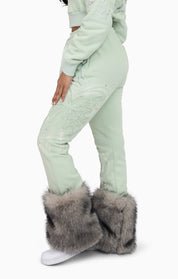 Faux Fur Trim Fleece Pant - Frosty Green