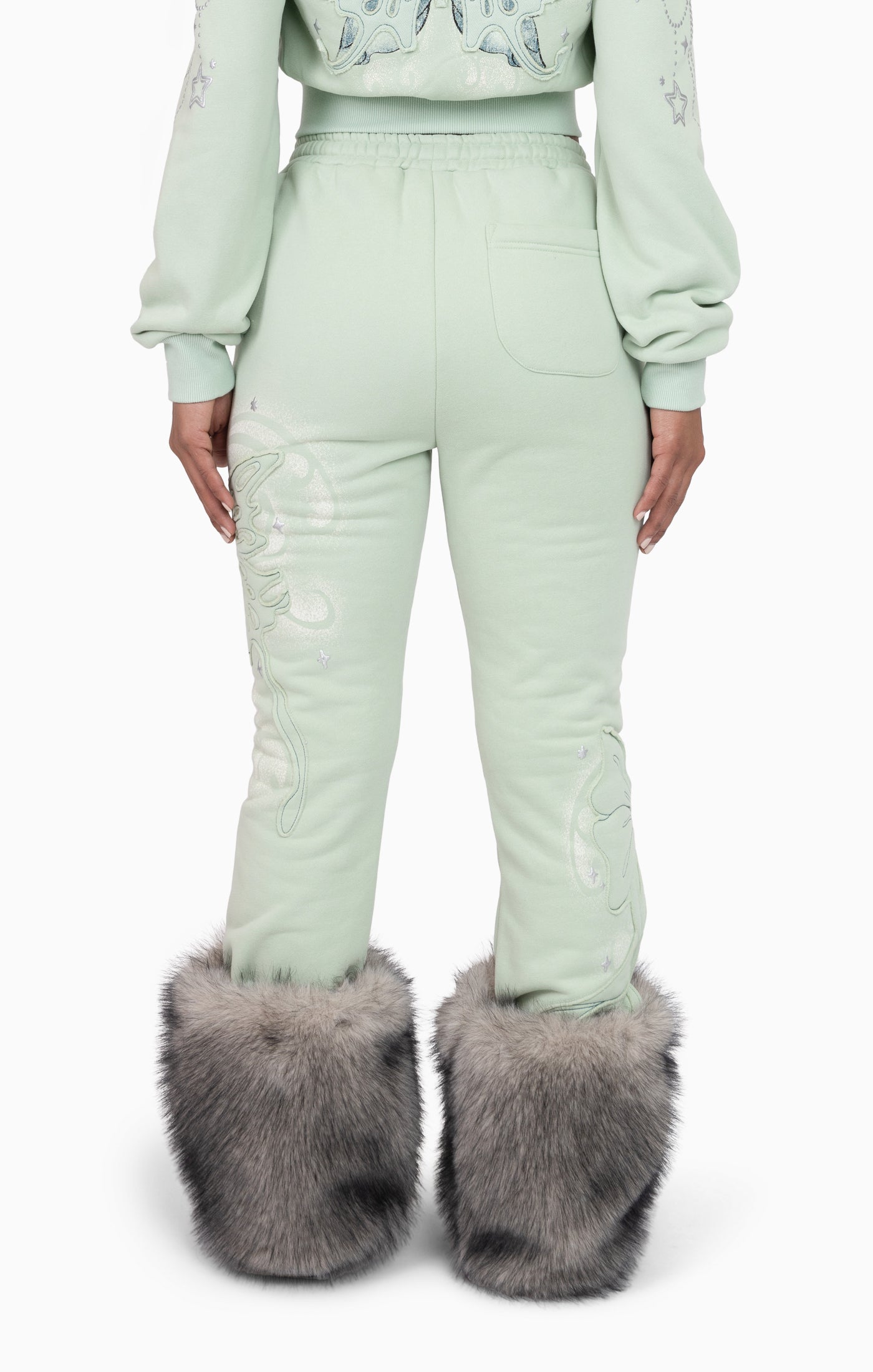 Faux Fur Trim Fleece Pant - Frosty Green