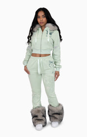Faux Fur Trim Fleece Pant - Frosty Green