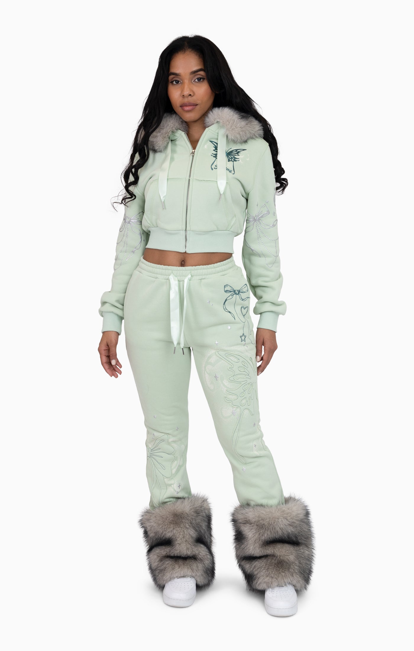 Faux Fur Trim Fleece Pant - Frosty Green
