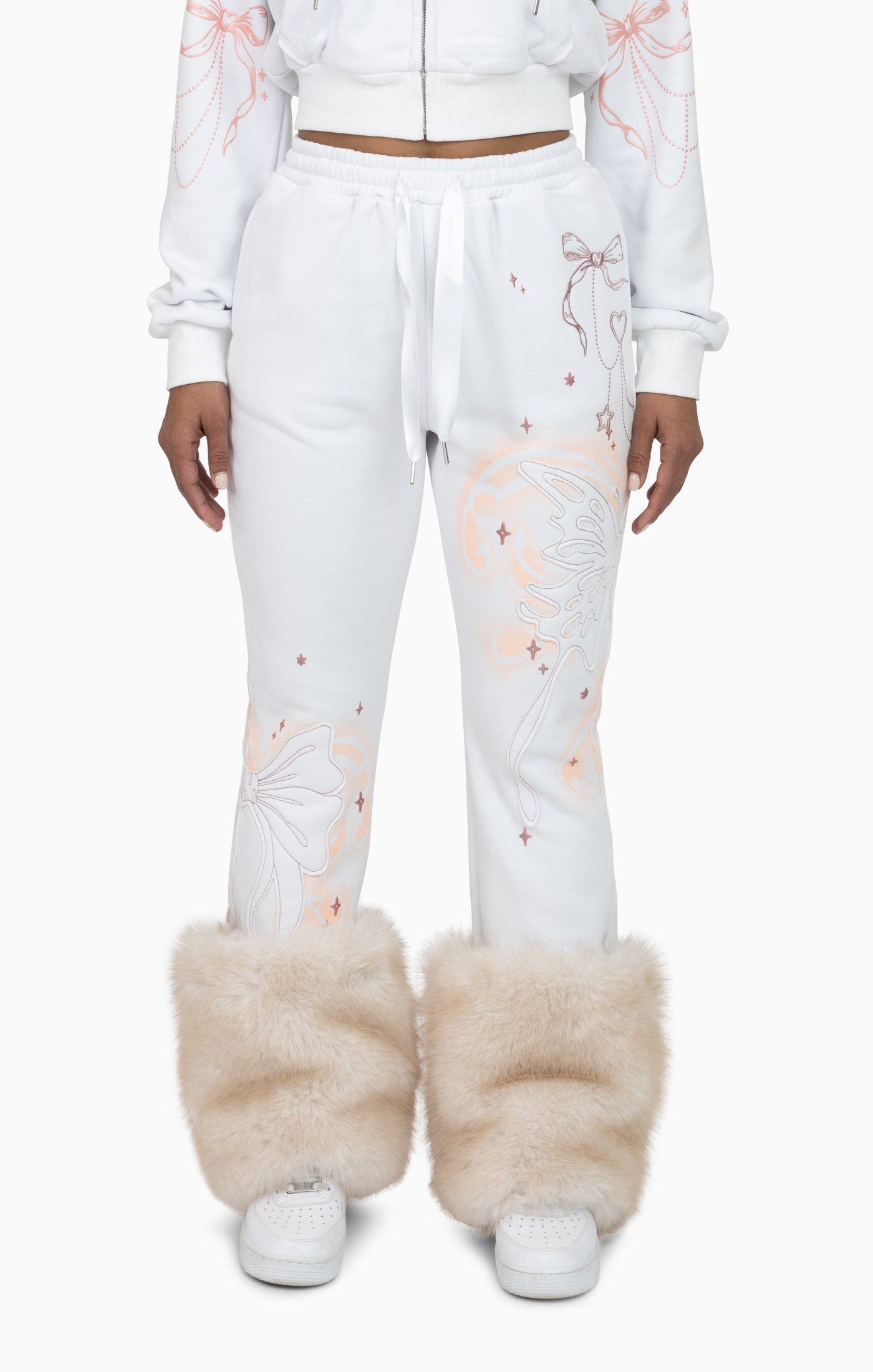 Faux Fur Trim Fleece Pant - White