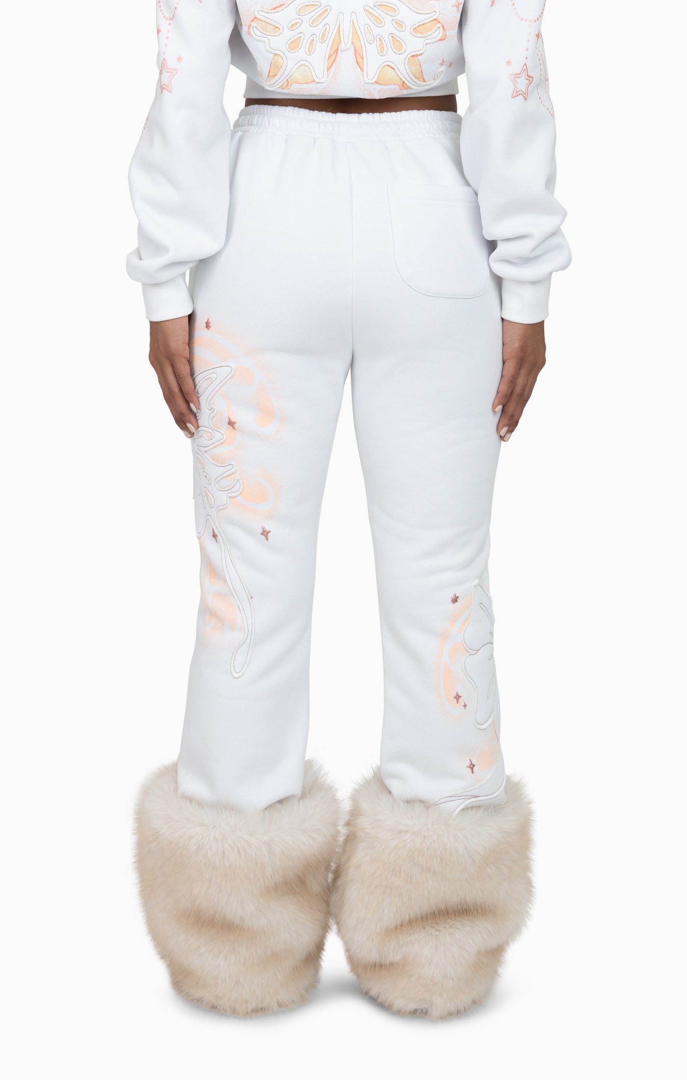 Faux Fur Trim Fleece Pant - White