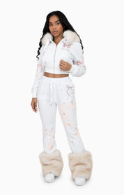 Faux Fur Trim Fleece Pant - White