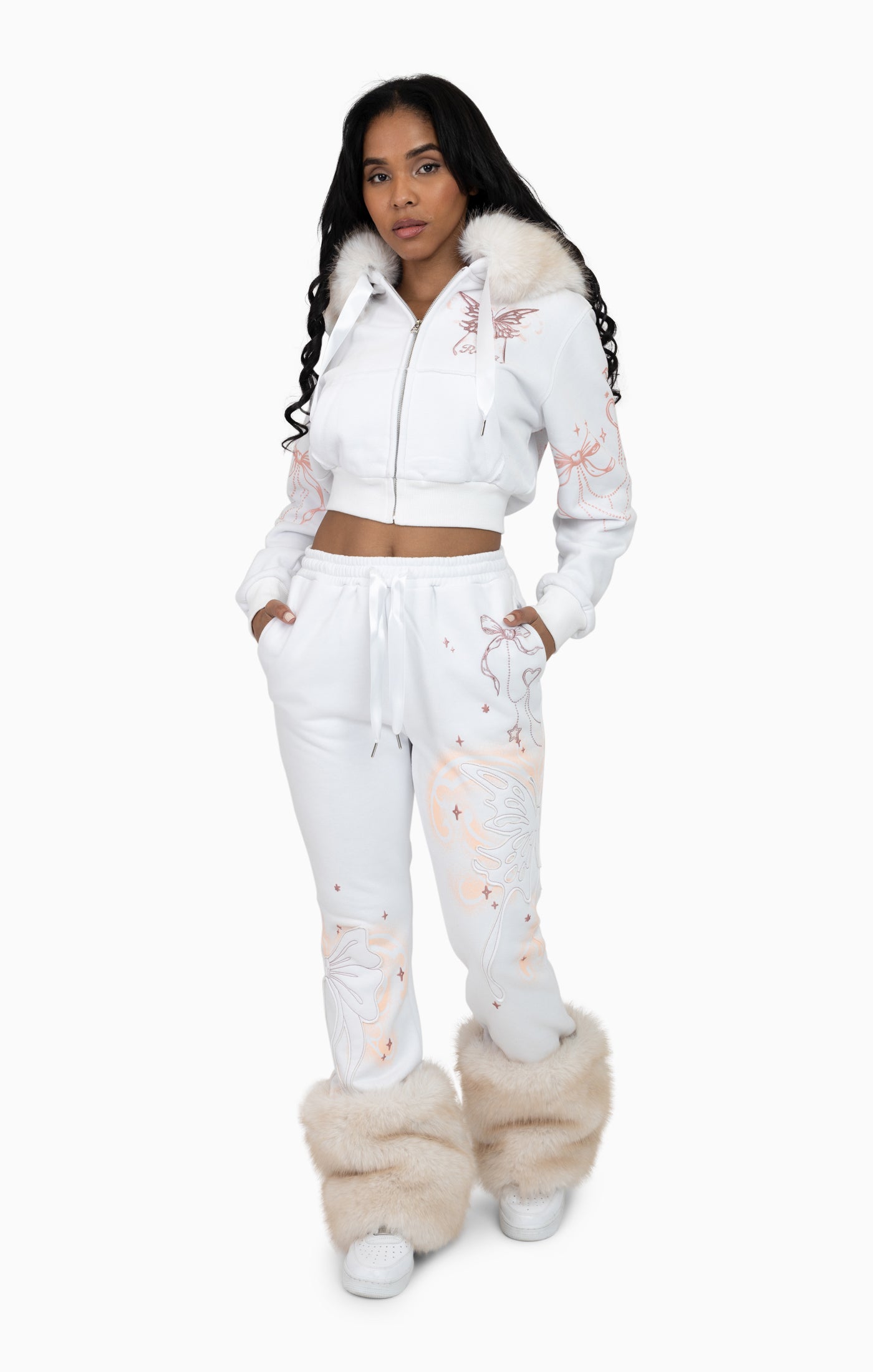 Faux Fur Trim Fleece Pant - White