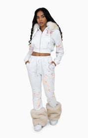 Faux Fur Trim Fleece Pant - White