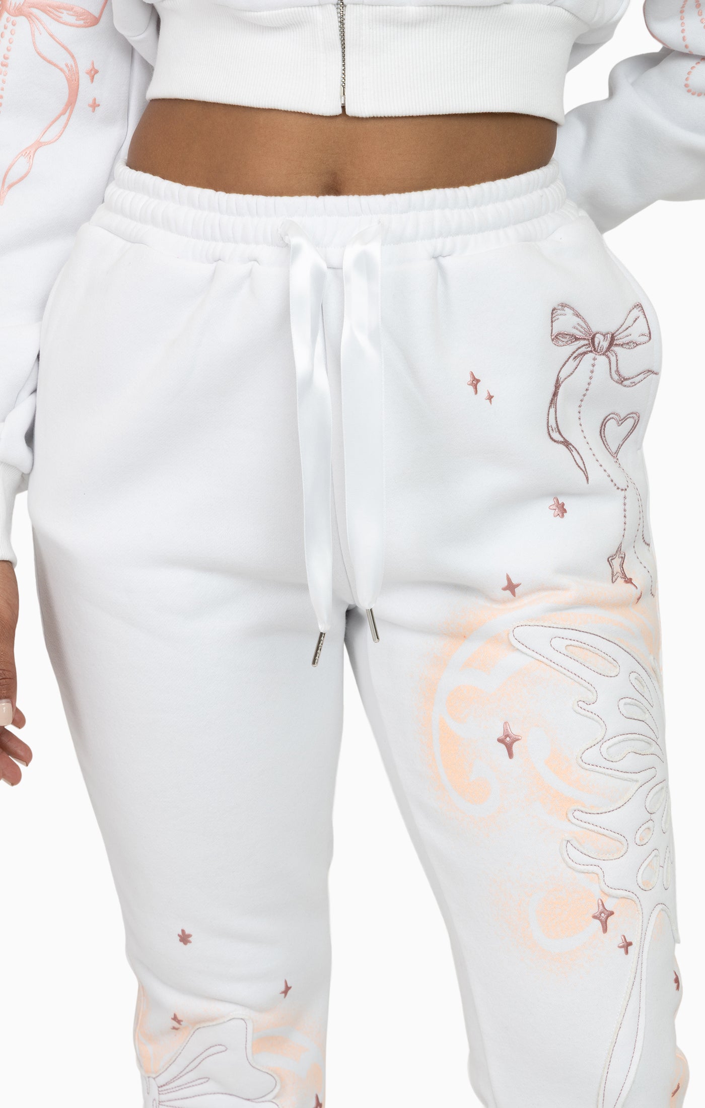 Faux Fur Trim Fleece Pant - White