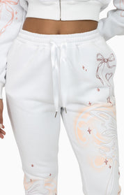 Faux Fur Trim Fleece Pant - White