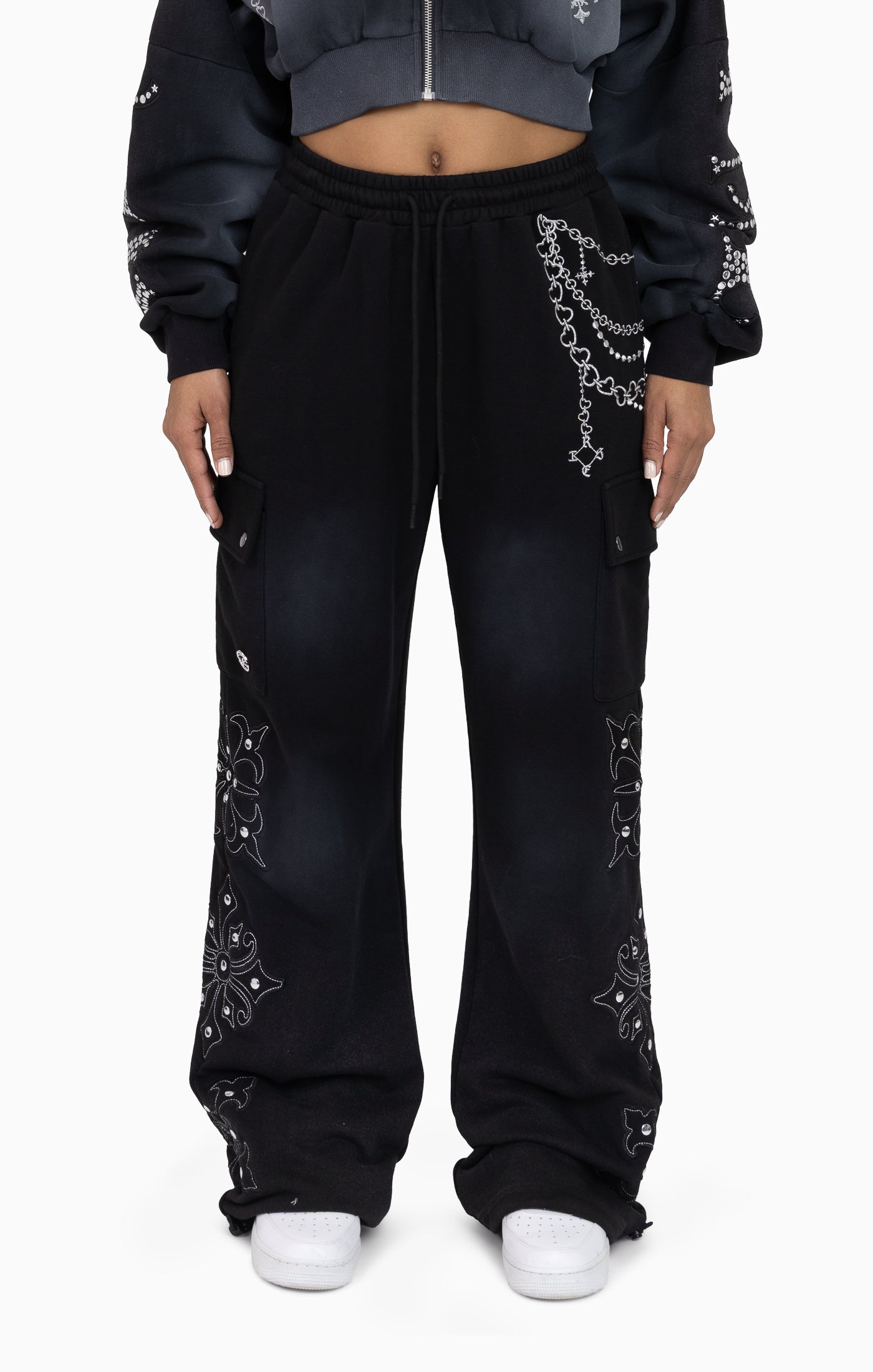 Metallic Embroidered Studded Pants - Black