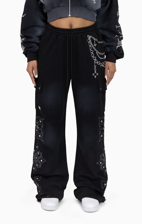 Metallic Embroidered Studded Pants - Black