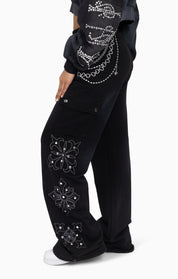 Metallic Embroidered Studded Pants - Black