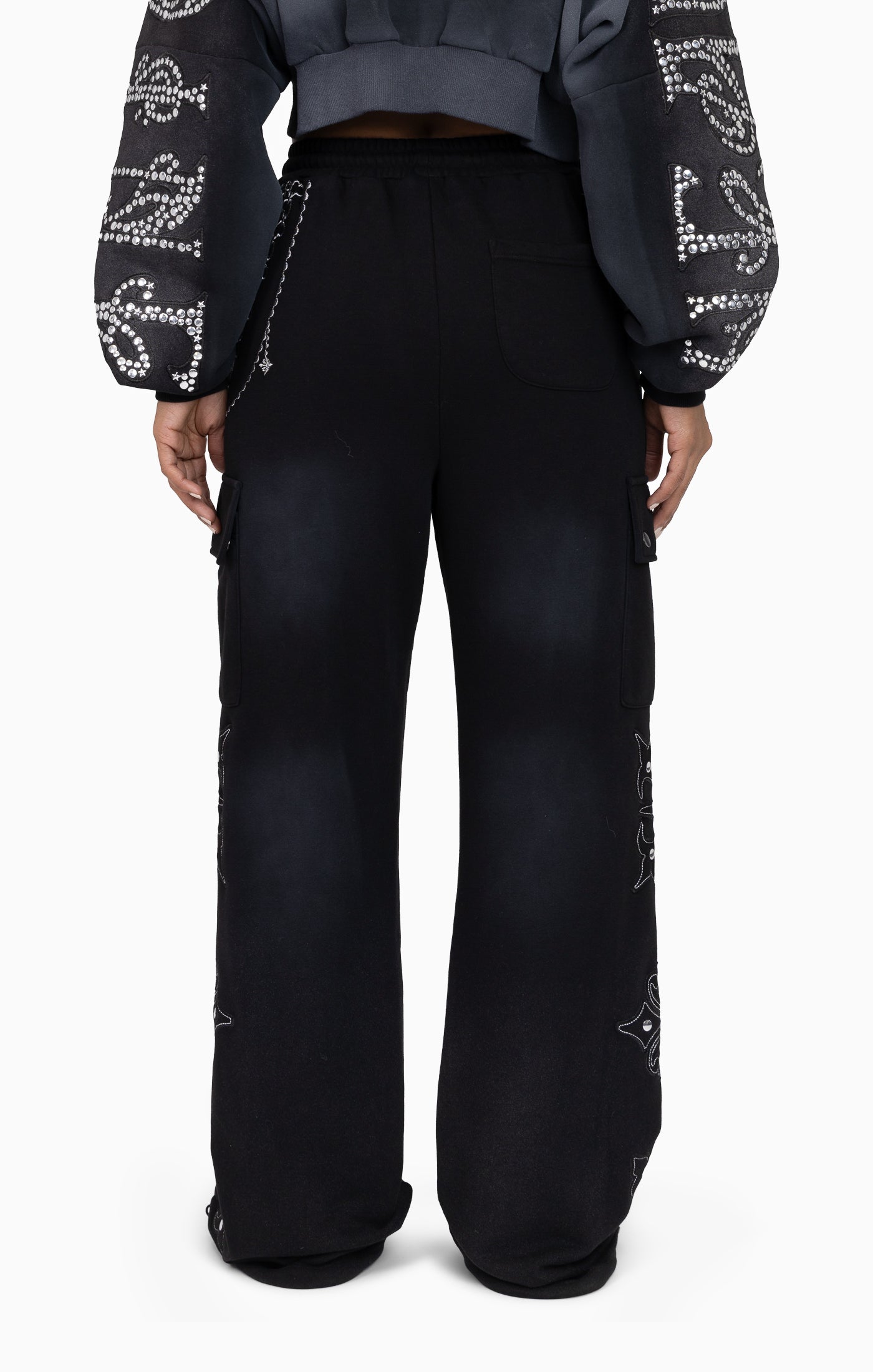 Metallic Embroidered Studded Pants - Black