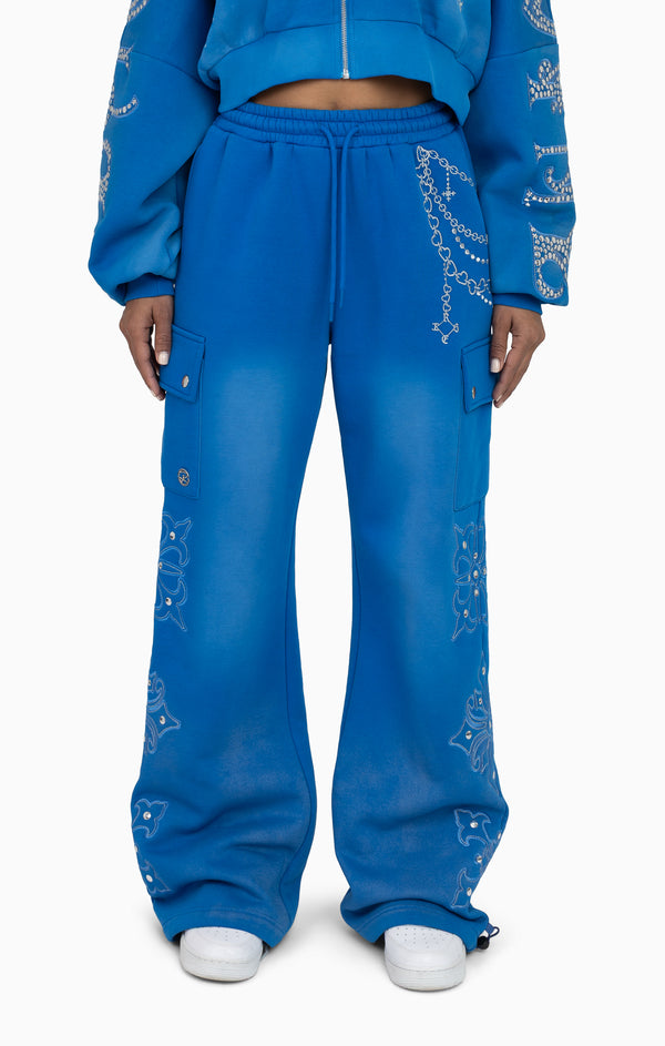 Metallic Embroidered Studded Pants - Sky Diver