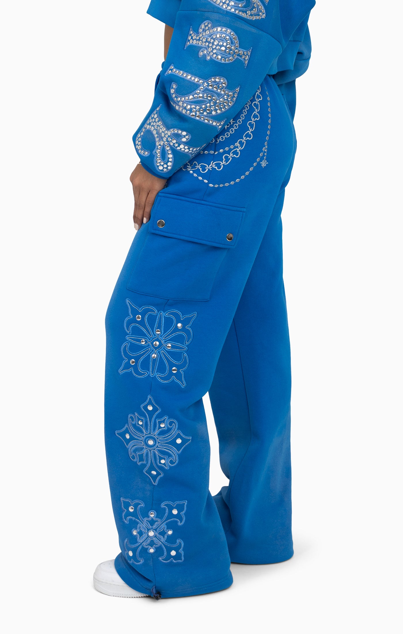 Metallic Embroidered Studded Pants - Sky Diver