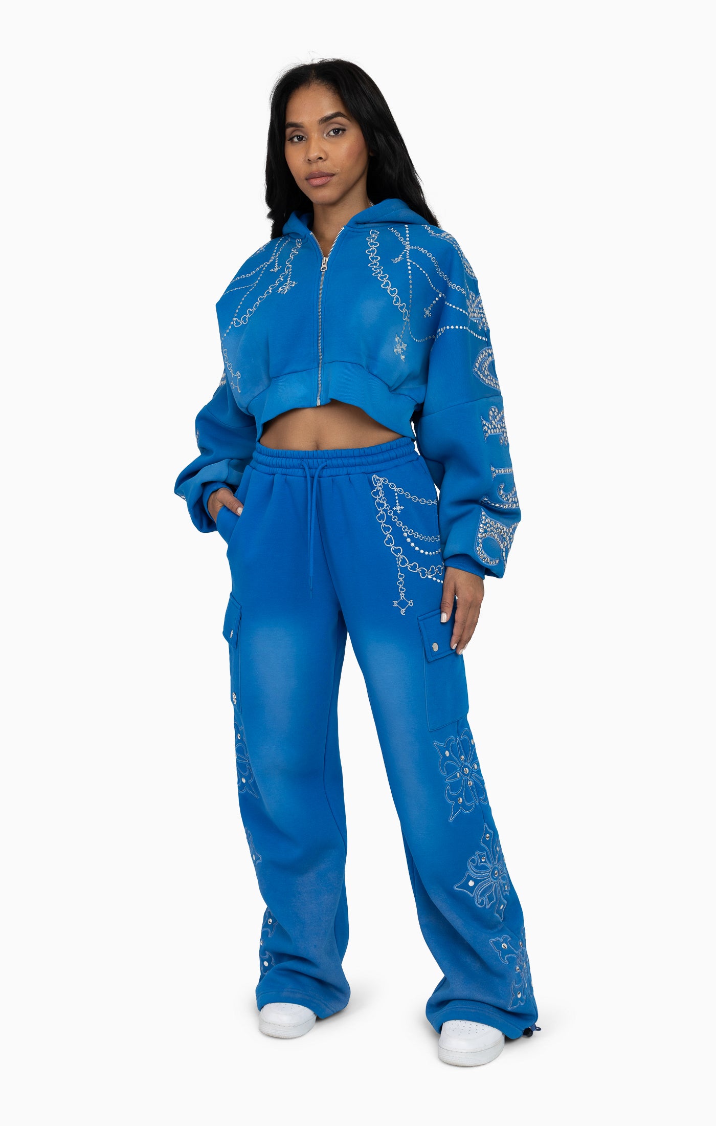 Metallic Embroidered Studded Pants - Sky Diver
