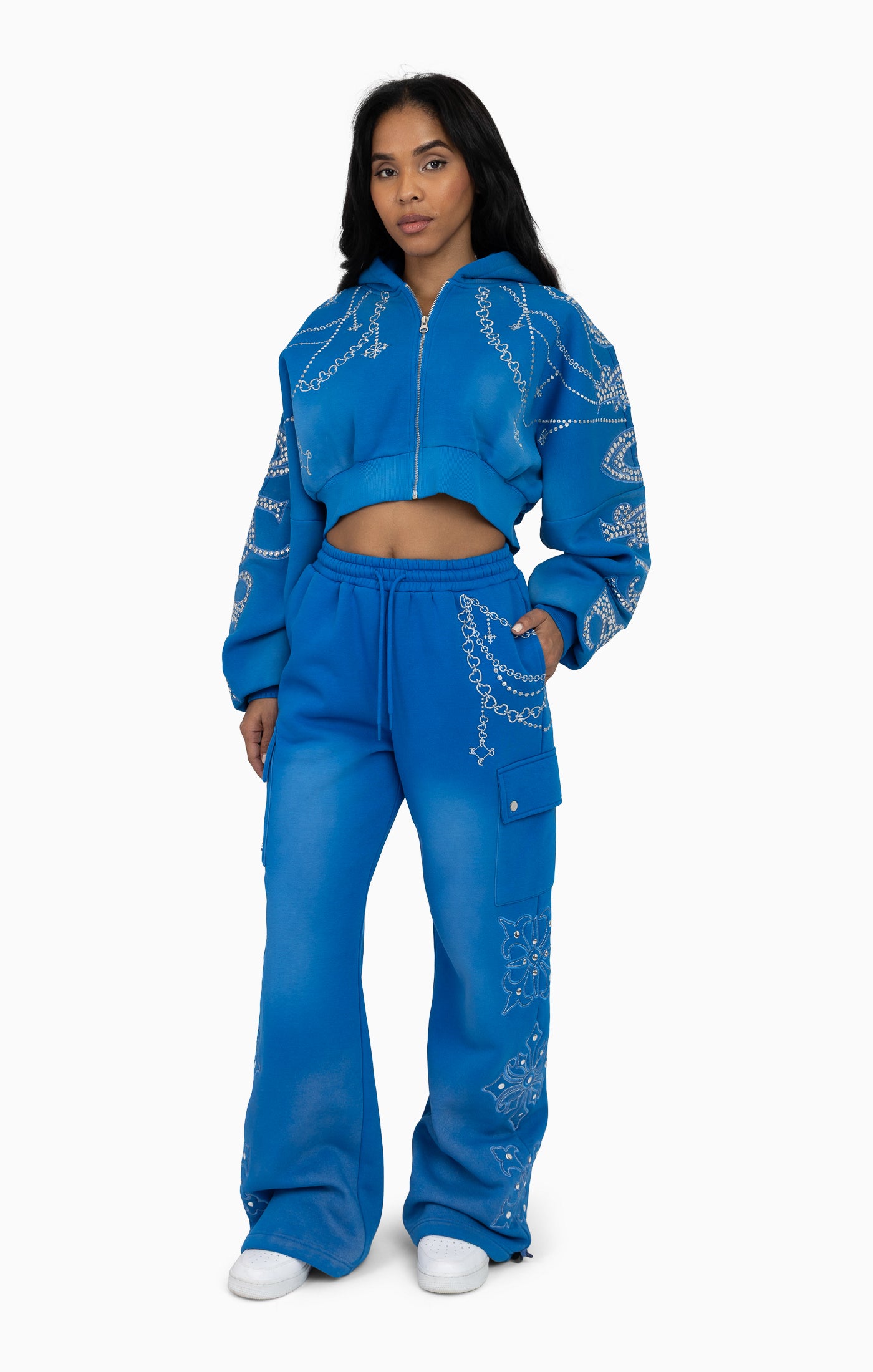 Metallic Embroidered Studded Pants - Sky Diver