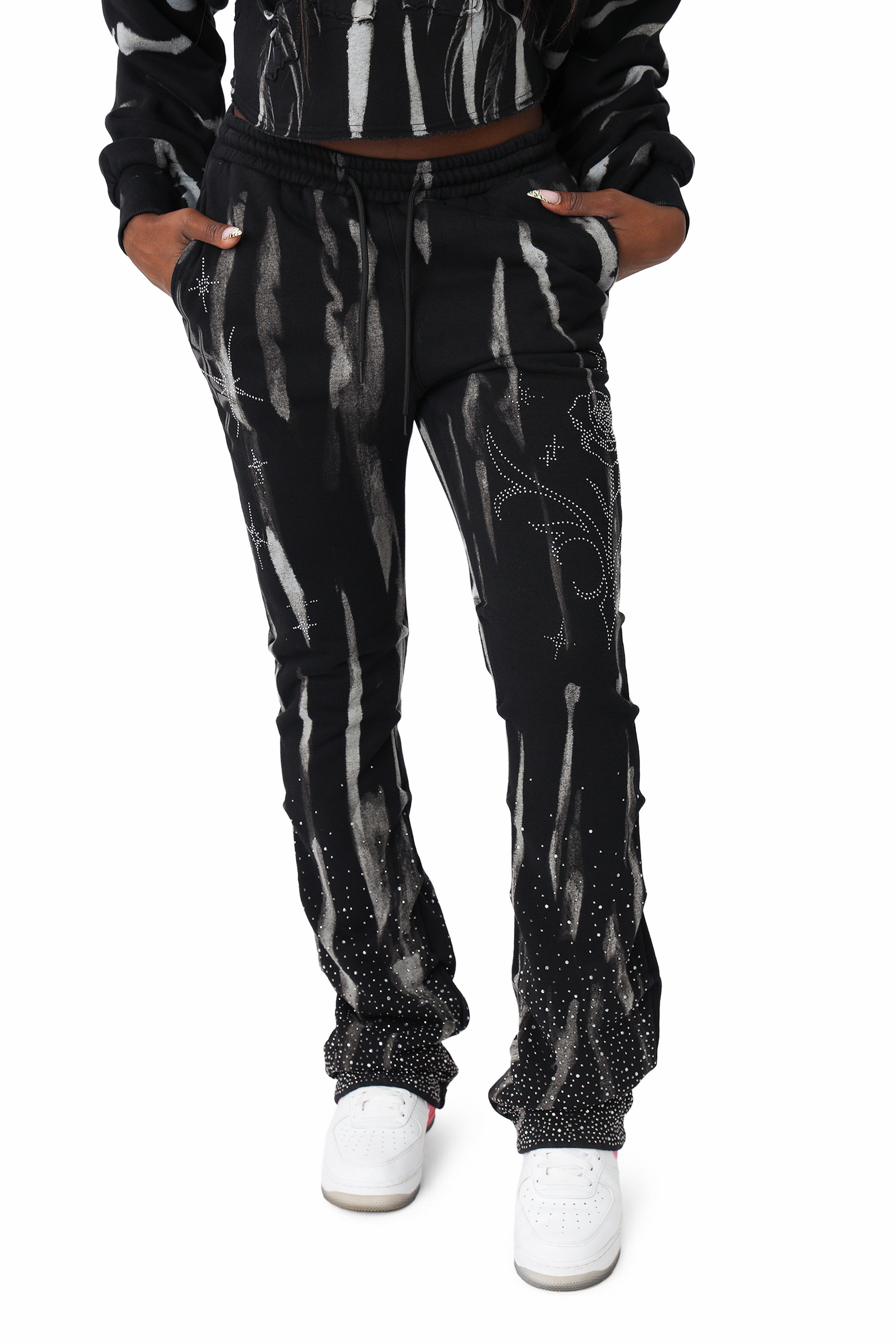 Rhinestone Fleece Pants - Black