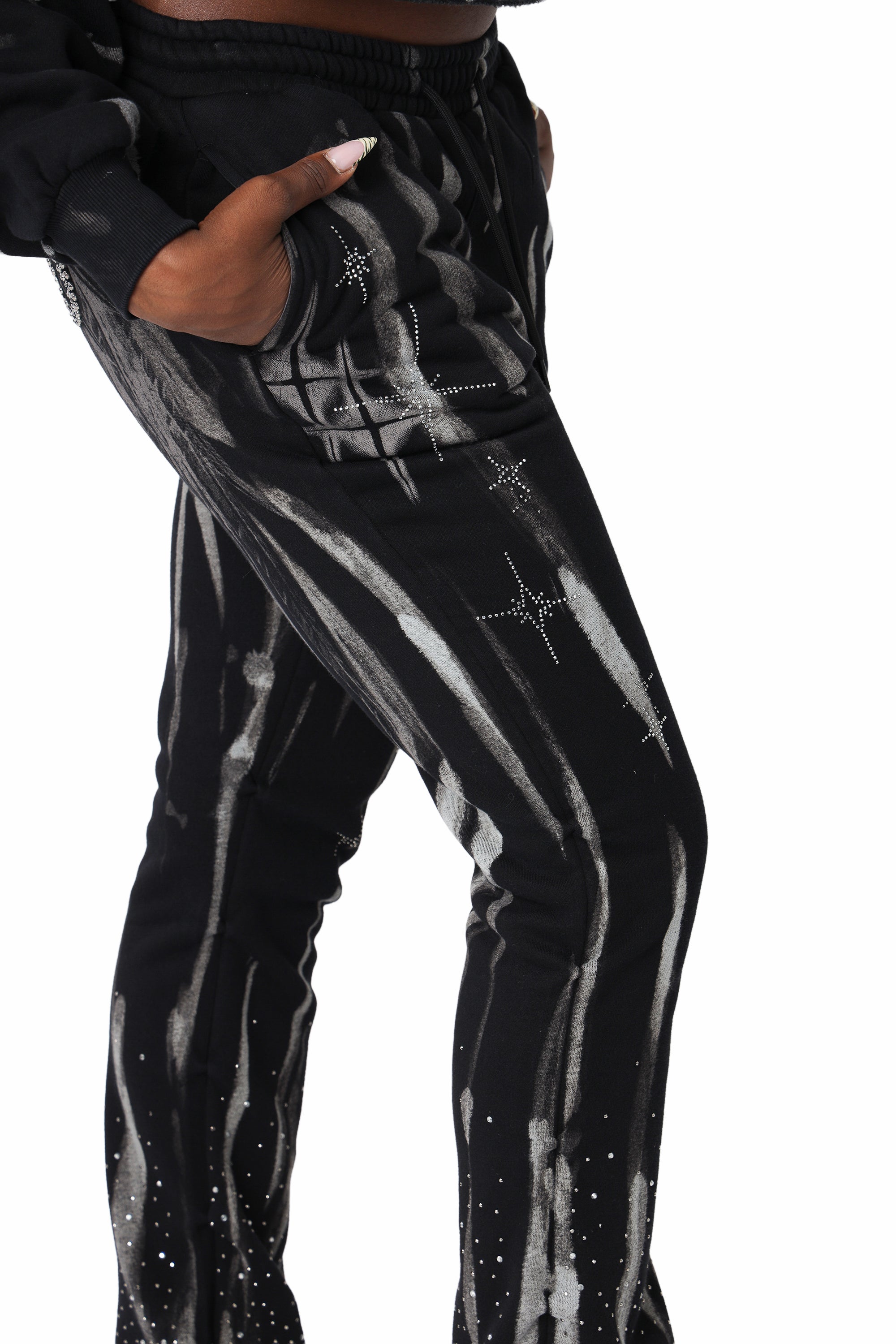 Rhinestone Fleece Pants - Black