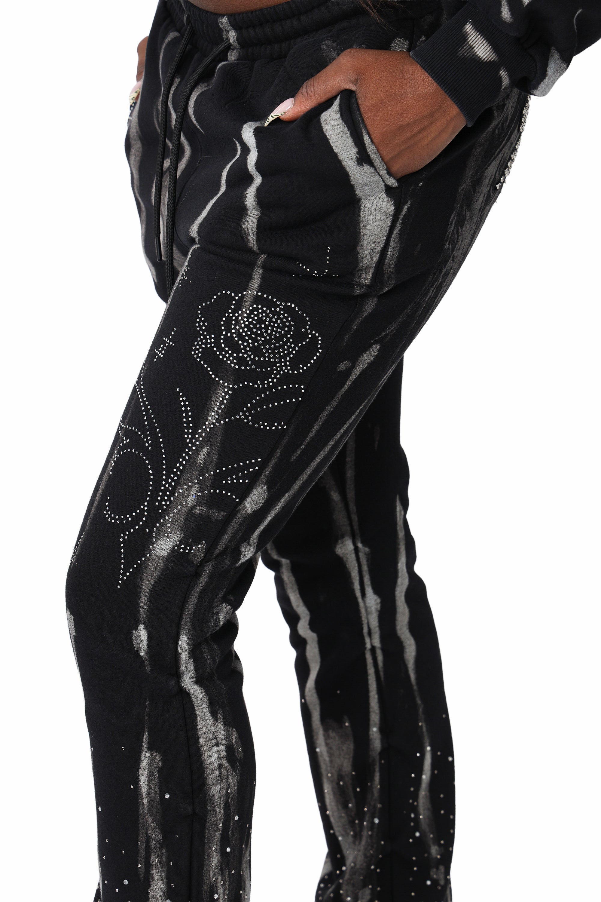 Rhinestone Fleece Pants - Black