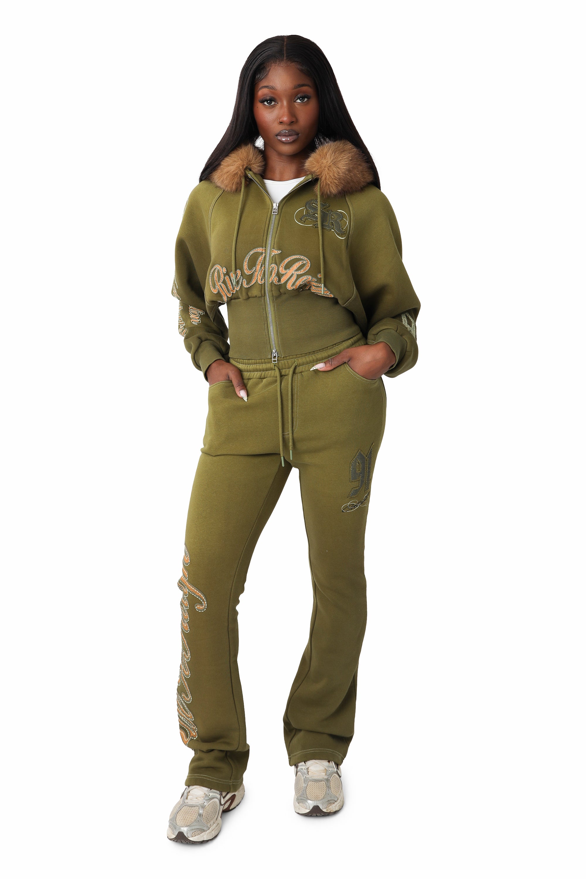 Contrast Stitch Fleece Pants - Avocado