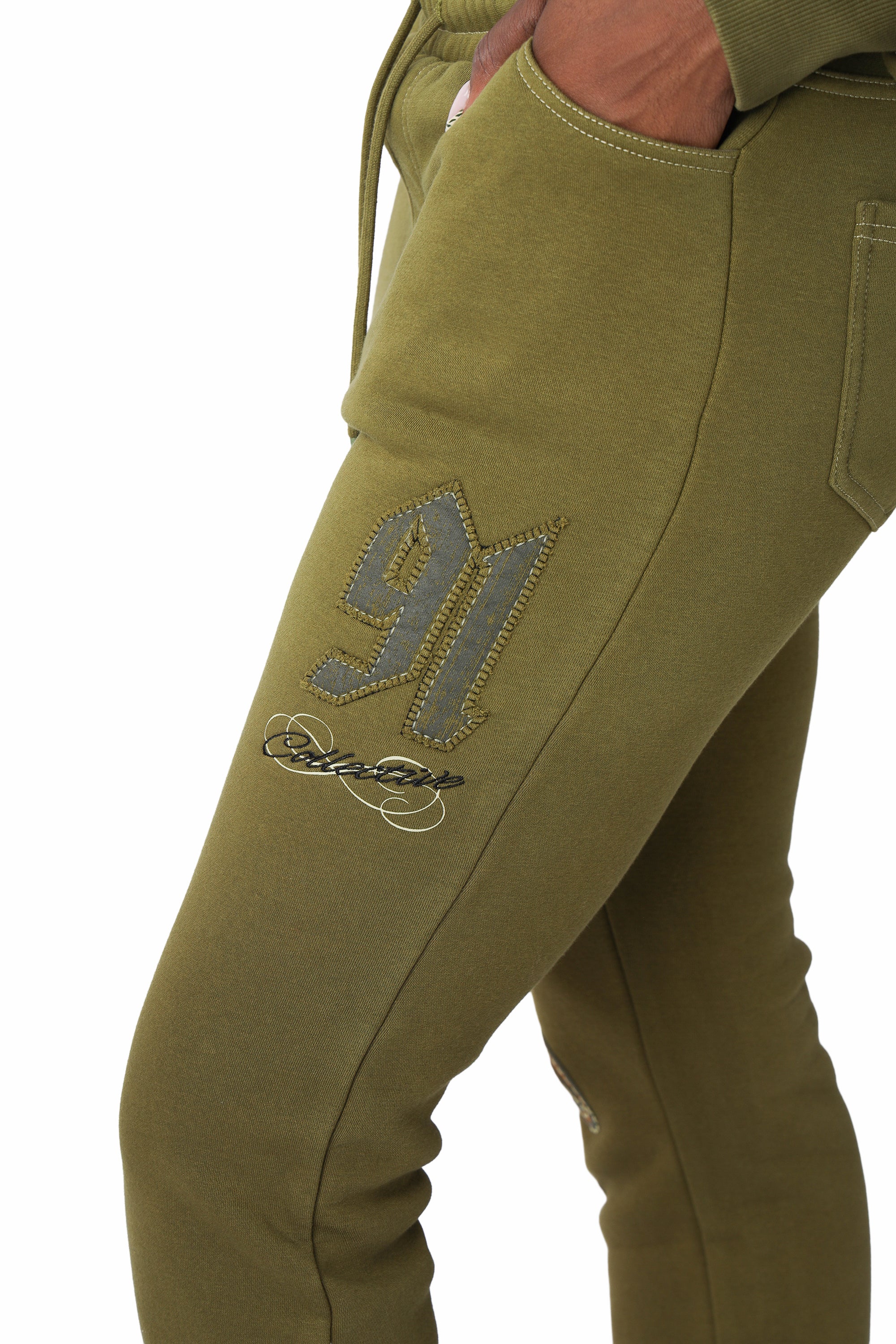 Contrast Stitch Fleece Pants - Avocado