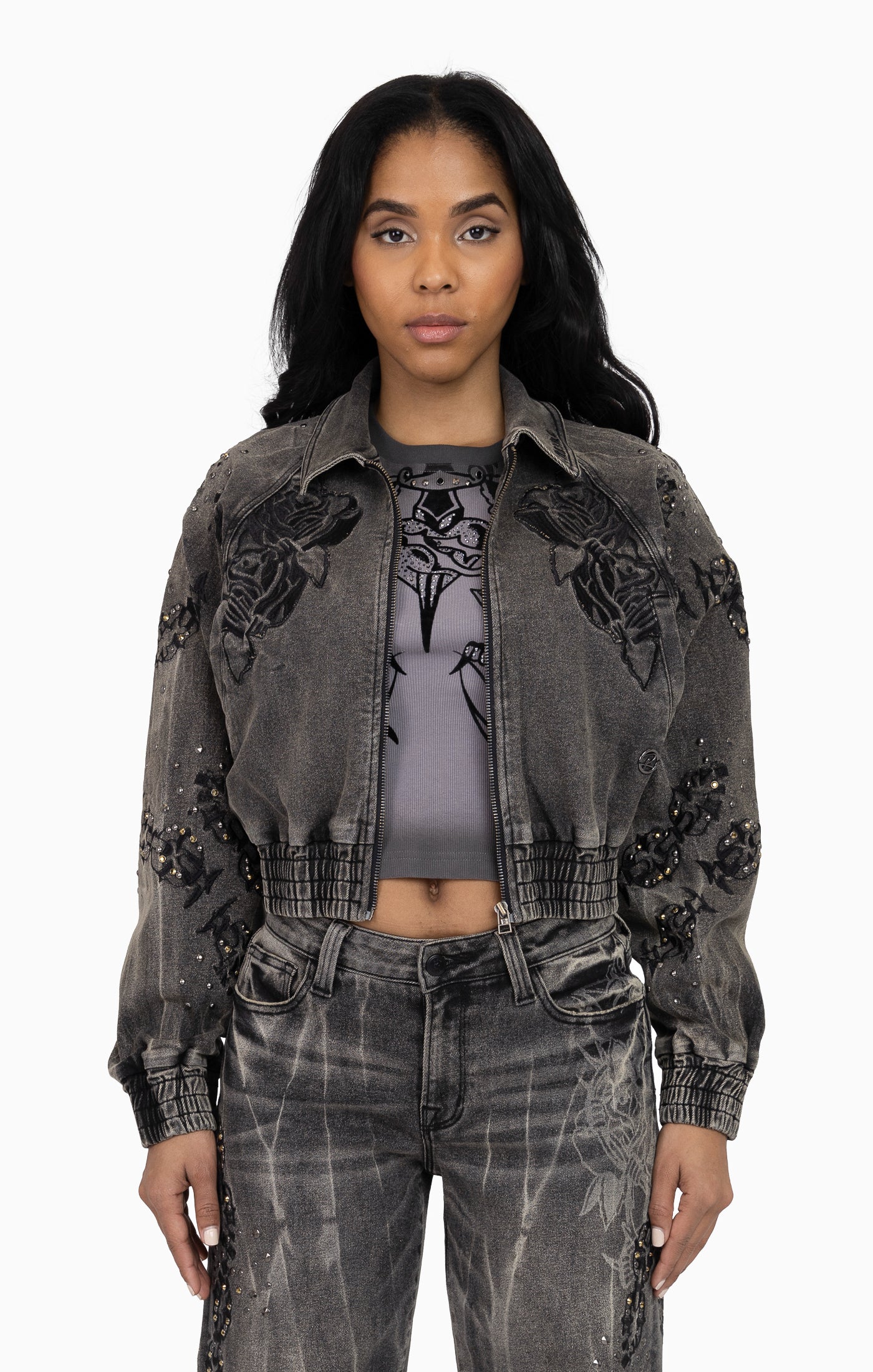 Heavy Embellished Denim Jacket - Black Dust