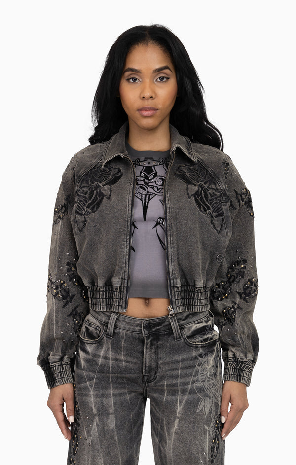 Heavy Embellished Denim Jacket - Black Dust