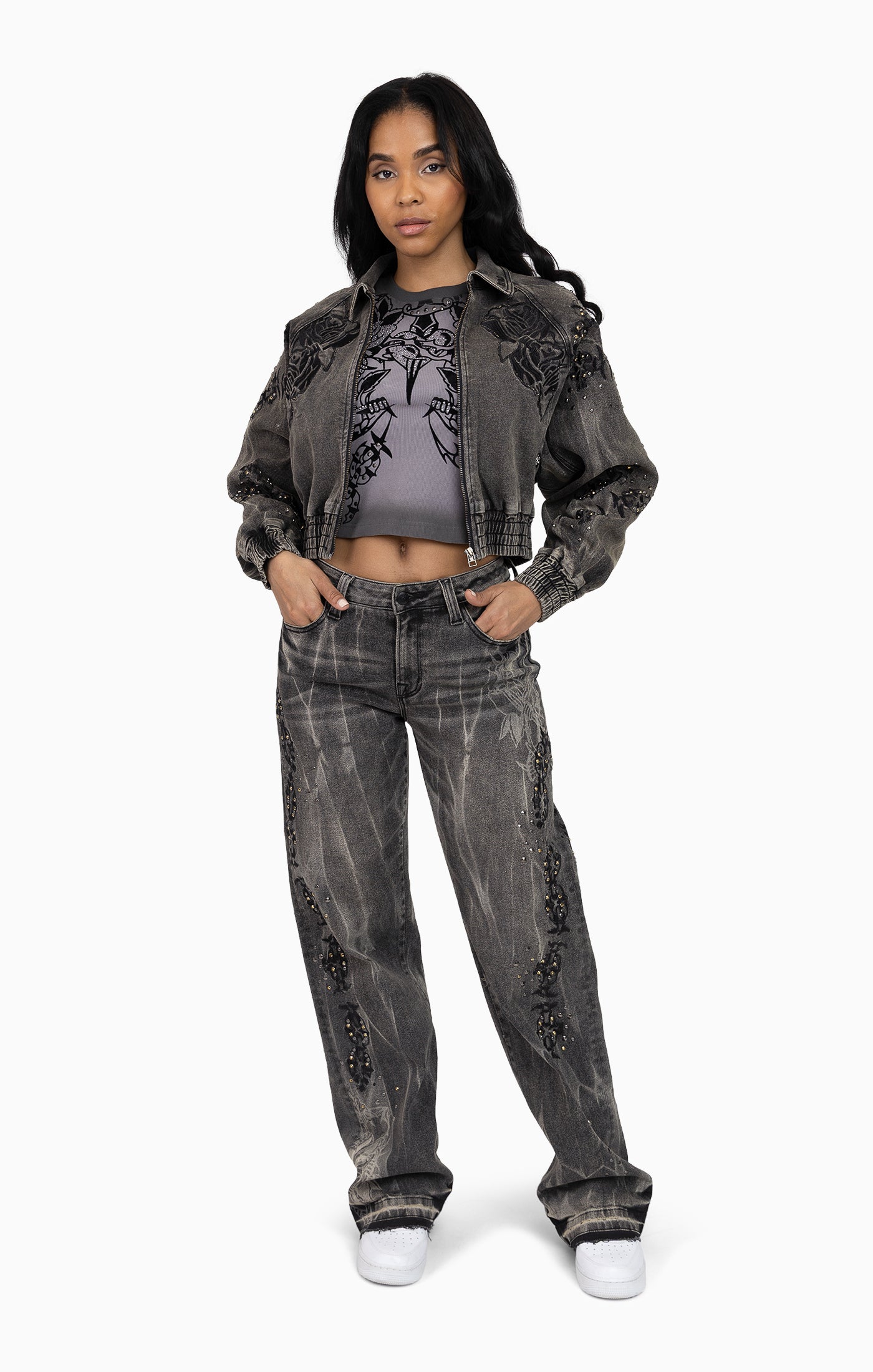 Heavy Embellished Denim Jacket - Black Dust