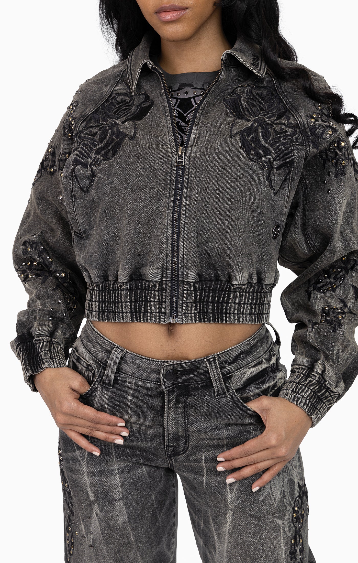 Heavy Embellished Denim Jacket - Black Dust