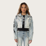 Cropped Flocked Trucker Jean Jacket - Seville Blue