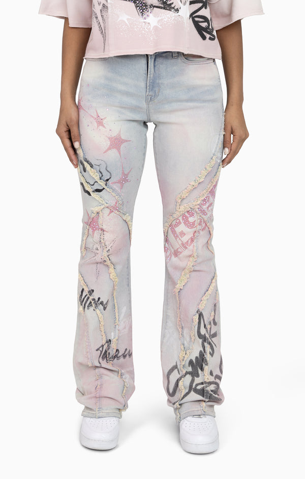Oversprayed Cutline Denim Pants - Anise Blue