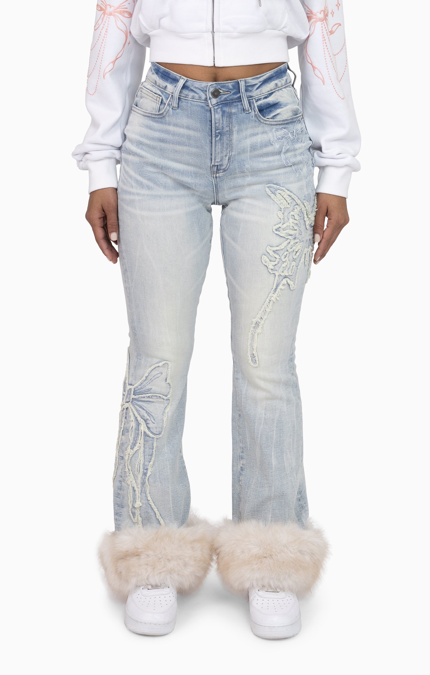 Faux Fur Trim Denim Pants - Domino Blue